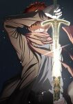  absurdres ahoge arm_up armor black_coat bright_background caliburn_(fate) closed_mouth coat colored_skin dark emiya_shirou emiya_shirou_(prisma_illya) fate/kaleid_liner_prisma_illya fate/stay_night fate_(series) faulds fighting_stance gloves highres holding holding_sword holding_weapon igote looking_at_viewer multicolored_skin only open_clothes open_coat orange_eyes red_scarf scarf serious shadow sheath shiny_clothes shokobr short_hair solo standing sword torn_clothes torn_scarf two-tone_skin unsheathing weapon white_gloves 