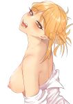  1girl absurdres blonde_hair blush boku_no_hero_academia breasts breasts_out collarbone eyebrows_visible_through_hair fangs hair_bun highres looking_at_viewer looking_back messy_hair nape nipple_slip nipples open_clothes open_shirt simple_background solo solo_focus toga_himiko tongue tongue_out white_background yellow_eyes zd_(pixiv6210083) 