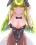  1girl animal_ears black_bow black_bowtie black_leotard bow bowtie breasts brown_legwear c.c. cleavage code_geass commentary_request cowboy_shot detached_collar highres large_breasts leotard looking_at_viewer pantyhose parted_lips playboy_bunny q_(f72637285) rabbit_ears sitting solo strapless strapless_leotard wrist_cuffs 