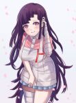  1girl apron bandaged_arm bandaged_leg bandages bangs blush breasts collared_shirt cowboy_shot danganronpa_(series) danganronpa_2:_goodbye_despair eyebrows_visible_through_hair grin hand_in_hair large_breasts lilshironeko long_hair mole mole_under_eye petals pink_eyes pleated_skirt puffy_short_sleeves puffy_sleeves shirt short_sleeves simple_background skirt smile solo teeth tsumiki_mikan white_background 