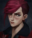  1girl arcane:_league_of_legends arcane_vi artist_name bangs black_background earrings green_eyes jacket jewelry league_of_legends looking_at_viewer mel_(meiioreth) nose_piercing piercing portrait red_hair red_jacket scar scar_on_face scar_on_mouth short_hair sidecut solo vi_(league_of_legends) 