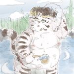  2022 anthro asian_clothing band-aid bandage bathing belly clothing east_asian_clothing eyewear felid fundoshi glasses hi_res japanese_clothing kemono licho_(tas) lifewonders male mammal moobs nipples outside overweight overweight_male pantherine pxppxo solo tiger tokyo_afterschool_summoners towel underwear video_games white_body young 