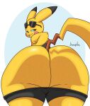  anthro big_booty_pikachu big_butt black_nose butt clothed clothing eyewear hi_res jhenightfox looking_at_viewer looking_back male mammal nintendo partially_clothed pikachu pok&eacute;mon pok&eacute;mon_(species) smug solo sunglasses thick_thighs tongue tongue_out video_games yellow_body 
