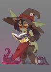  big_ears blush bodily_fluids book clothed clothing dress female fully_clothed gloves goblin hair handwear hat headgear headwear hi_res huffslove humanoid legwear magic magic_user nervous ponytail portal short_stack solo spellbook sweat sweatdrop tentacles thigh_highs trixie_(huffslove) tugging_clothing witch_hat 