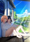  2girls ^_^ artist_request bad_link barefoot black_hair closed_eyes cloud cover grin hi-chan highres house keyyan kimi_to_shiranai_natsu_ni_naru legs multiple_girls nishimiya_haru no_pants ocean orange_hair road shadow sitting sky smile sunlight tree window 