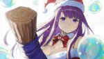  1girl blunt_bangs breasts bubble christmas cleavage closed_mouth commentary dress fern_(sousou_no_frieren) fur-trimmed_dress fur-trimmed_headwear fur_trim hat highres holding holding_staff jchoy large_breasts looking_at_viewer mage_staff mixed-language_commentary purple_eyes purple_hair purple_pupils red_dress red_hat santa_costume santa_dress santa_hat smile solo sousou_no_frieren staff 