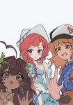  3girls :d \m/ ahoge barcarola_(reverse:1999) black_dress blue_eyes blue_neckerchief blue_shirt blush braid brown_hair cabbie_hat clenched_teeth dark-skinned_female dark_skin dixie_cup_hat double_\m/ dress fatutu flower furrowed_brow gloves hair_flower hair_ornament hands_up hat hibiscus highres jacket leaf_hair_ornament long_braid looking_at_viewer military_hat multiple_girls neckerchief orange_eyes polka_dot_neckerchief red_hair red_jacket regulus_(reverse:1999) reverse:1999 shirt smile teeth twin_braids upper_body white_background white_flower white_gloves white_hat xuyuan_jiqi_#004 