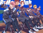  5boys :d ;d ataka_takeru black_hair black_legwear black_shorts blonde_hair blue_background blue_eyes brown_hair cellphone copyright_name daiki_oginome dark-skinned_male dark_skin hand_on_own_neck highres kirishima_hayato male_focus misora_ayato multiple_boys natsuki_ryou one_eye_closed phone pink_hair pose ryman&#039;s_club short_hair shorts sitting smartphone smile taking_picture v white_footwear yagami_jun_(ryman&#039;s_club) 