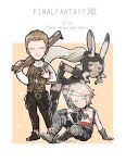  1girl 2boys animal_ears anniversary aqua_eyes armored_gloves balthier black_pants black_thighhighs blonde_hair border brown_hair cropped_vest dark-skinned_female dark_skin earrings final_fantasy final_fantasy_xii fran_(ff12) full_body gold_trim grey_hair gun hair_rings holding holding_gun holding_weapon jewelry knee_pads leaning_forward multiple_boys multiple_earrings nnnmmg0725 orange_background over_shoulder pants ponytail rabbit_ears rabbit_girl red_eyes shirt short_hair sidelocks sitting smirk sparkle swept_bangs thighhighs twitter_username vaan_(ff12) vest viera weapon weapon_over_shoulder white_border white_shirt 