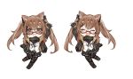  1girl animal_ear_fluff animal_ears arm_up bangs black_footwear black_gloves black_legwear black_ribbon blush brown_hair closed_eyes commentary_request eyebrows_visible_through_hair fingerless_gloves full_body girls&#039;_frontline glasses gloves hair_between_eyes hair_ornament highres jacket long_hair looking_at_viewer multiple_views open_mouth pantyhose qiujiao ribbon scar scar_across_eye scar_on_face shirt simple_background skirt smile standing twintails ump9_(girls&#039;_frontline) white_background white_shirt 