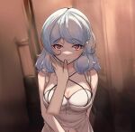  1boy 1girl absurdres blurry blurry_background bra breasts eyebrows_visible_through_hair girls&#039;_frontline hair_down highres large_breasts long_hair male_hand mkhaggar red_eyes silver_hair solo_focus spas-12_(girls&#039;_frontline) underwear white_bra 