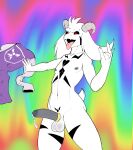  accessory anthro asriel_dreemurr_(god_form) black_sclera bodily_fluids bovid caprine clothing cock_ring cum fours_(artist) genital_fluids genitals goat hi_res jewelry male mammal markings nude penis penis_accessory penis_jewelry rainbow_background red_eyes simple_background solo tongue tongue_out undertale undertale_(series) undressing video_games 