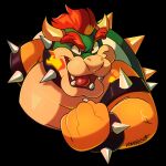  2022 anthro armband black_background bowser bracelet breath_powers claws collar elemental_manipulation eyebrows fire fire_breathing fire_manipulation fist hair half-length_portrait horn icon jewelry komoroshi_(artist) koopa male mario_bros nintendo open_mouth open_smile portrait scalie shell signature simple_background smile solo spiked_armband spiked_bracelet spiked_collar spiked_shell spikes spikes_(anatomy) teeth tongue video_games 