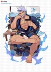  1boy abs absurdres alternate_costume bara beard belt bottle bulge chair crossed_legs crrispy_shark cup dark-skinned_male dark_skin elbow_rest facial_hair full_body fundoshi happi head_on_hand head_tilt highres holding holding_cup japanese_clothes jewelry kimono large_pectorals leaning_on_object logo looking_at_viewer male_focus male_underwear mature_male multicolored_hair muscular muscular_male mustache necklace old old_man open_clothes open_kimono patterned_background patterned_clothing pectoral_cleavage pectorals purple_eyes purple_hair reward_available sakazuki sake_bottle scar scar_on_cheek scar_on_chest scar_on_face see-through short_hair sitting smile solo sweat sweatdrop tan thick_arms thick_eyebrows thick_thighs thighs tooth_necklace two-tone_hair underwear vyron_(world_flipper) wet wet_fundoshi white_hair white_male_underwear world_flipper 