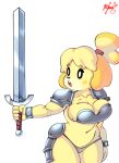  animal_crossing anthro armor canid canine canis clothing colored domestic_dog female hi_res isabelle_(animal_crossing) mammal melee_weapon nintendo panthera_cantus simple_background solo surprised_expression sword thong underwear video_games weapon white_background wristband 
