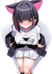  1girl animal_ears black_hair blue_archive breasts cat_ears cat_girl closed_mouth clothes_writing extra_ears hair_ornament hairclip halo highres kazusa_(band)_(blue_archive) kazusa_(blue_archive) keishi_surota large_breasts looking_at_viewer multicolored_hair official_alternate_costume pink_eyes pink_hair pink_halo shirt simple_background skirt solo two-tone_hair white_background white_shirt white_skirt 