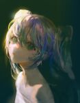  1girl bangs blue_eyes blue_hair blurry chinese_commentary closed_mouth commentary_request dark face green_hair hair_between_eyes hatsune_miku lips long_hair looking_at_viewer multicolored_hair portrait say_hana sidelighting solo streaked_hair twintails vocaloid 