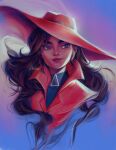  1girl carmen_sandiego carmen_sandiego_(series) eyelashes jacket long_hair looking_away mioree portrait red_headwear red_jacket signature smile solo turtleneck 