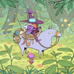  1boy 1girl animal bag boots colored_skin creature day dress fantasy flower forest gloves grass grey_hair hat highres leaf medium_hair migamigami nature on_grass orange_skin original outdoors pants plant purple_gloves purple_shirt reins riding saddle saddlebags scenery shirt sword tree weapon wizard wizard_hat 