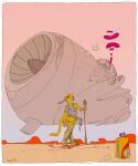 anthro butt clothed clothing felid fur hi_res holding_object holding_staff male mammal obscured_eyes oselotti oselotti_(character) outside rear_view solo spacecraft staff tail vehicle yellow_body yellow_fur yellow_tail