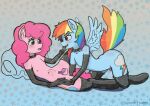  abdominal_bulge anthro balls blush bodily_fluids chastity_device clothing collar dripping duo equid equine fisting friendship_is_magic genitals hi_res horse husdur leather leather_clothing male male/male mammal my_little_pony pinkie_pie_(mlp) pony rainbow_dash_(mlp) 