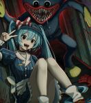  1girl absurdres aqua_hair black_choker black_eyes blue_dress choker dilated_pupils dress drooling feet_out_of_frame hatsune_miku highres hollow_eyes huggy_wuggy indoors long_hair looking_at_viewer mesmerizer_(vocaloid) monster nail_polish nested_mouths open_mouth pale_skin pinstripe_dress pinstripe_hat pinstripe_pattern poppy_playtime puffy_short_sleeves puffy_sleeves red_nails sharp_teeth short_sleeves sitting smile suoniko teeth tongue tongue_out trait_connection twintails v very_long_hair visor_cap vocaloid 