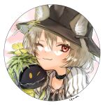  1girl ;3 arknights artist_name beanstalk_(arknights) black_bandeau black_collar black_headwear brown_hair collar ears_through_headwear flower flower_on_head goma1 hair_between_eyes hat infection_monitor_(arknights) looking_at_viewer metal_crab_(arknights) one_eye_closed open_clothes open_shirt red_eyes shirt solo upper_body white_shirt yellow_flower 