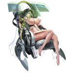  1girl ahoge barcode barefoot blue_eyes bodysuit bored breasts catsuit chair english_text full_body green_hair green_nails hair_between_eyes head-mounted_display highres holographic_interface huge_ahoge huge_breasts knees_together_feet_apart last_origin lemonade_epsilon medium_hair nail_polish navel nipples non-web_source official_art parted_lips see-through_bodysuit see-through_clothes simple_background sitting skin_tight solo sr911656337775 tachi-e teeth toenail_polish toenails transparent_background underboob unzipped very_long_sleeves 