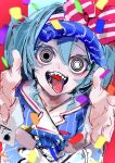 1girl :d absurdres bad_id bad_twitter_id blue_hair bright_pupils crazy_smile hair_between_eyes hands_up hat hatsune_miku heterochromia highres long_hair looking_at_viewer mesmerizer_(vocaloid) nept_o open_mouth outstretched_arms reaching reaching_towards_viewer ringed_eyes shirt smile solo teeth tongue tongue_out twintails upper_body visor_cap vocaloid white_pupils wide-eyed 