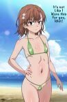  1girl animal_print asymmetrical_bangs beach bikini blue_sky brown_eyes brown_hair collarbone english_commentary english_text flat_chest frog_print frown hair_ornament hairpin hand_on_own_hip highres looking_at_viewer misaka_mikoto nashdnash2007 navel ocean outdoors shiny_skin short_hair signature sky string_bikini swimsuit toaru_kagaku_no_railgun toaru_majutsu_no_index 