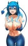  1girl absurdres bare_shoulders between_breasts black_choker blue-framed_eyewear blue_eyes blue_gloves blue_hair blue_horns blue_nails blue_pants blue_tail blush braco breasts choker cleavage collarbone commission commissioner_upload cross cross_necklace demon_girl demon_horns demon_tail elbow_gloves eyebrows_visible_through_hair fingerless_gloves food freckles glasses gloves hair_between_eyes heart heart-shaped_pupils heart_choker highres horns jewelry large_breasts long_hair looking_at_viewer multicolored_hair naughty_face navel navel_piercing necklace nipples open_mouth original pants piercing popsicle rectangular_eyewear saliva saliva_trail self_fondle sexually_suggestive sidelocks simulated_paizuri smile solo sweat symbol-shaped_pupils tail teeth tongue tongue_out tongue_piercing topless transparent_background undersized_clothes upper_teeth wavy_hair yoga_pants 