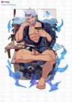  1boy abs absurdres alternate_costume bara beard belt bottle chair covered_penis crossed_legs crrispy_shark cup dark-skinned_male dark_skin elbow_rest facial_hair full_body happi head_on_hand head_tilt highres holding holding_cup japanese_clothes jewelry kimono large_pectorals leaning_on_object logo looking_at_viewer male_focus male_pubic_hair mature_male multicolored_hair muscular muscular_male mustache necklace old old_man open_clothes open_kimono patterned_background patterned_clothing pectoral_cleavage pectorals pubic_hair purple_eyes purple_hair reward_available sakazuki sake_bottle scar scar_on_cheek scar_on_chest scar_on_face short_hair sitting smile solo sweat sweatdrop tan thick_arms thick_eyebrows thick_thighs thighs tooth_necklace two-tone_hair vyron_(world_flipper) wet white_hair world_flipper 