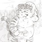  2022 anthro asian_clothing band-aid bandage bathing belly clothing east_asian_clothing eyewear felid fundoshi glasses hi_res japanese_clothing kemono licho_(tas) lifewonders male mammal moobs nipples outside overweight overweight_male pantherine pxppxo solo tiger tokyo_afterschool_summoners towel underwear video_games young 