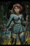  1girl absurdres belt blue_dress brown_hair closed_mouth commentary cowboy_shot dress earrings english_commentary highres holding jewelry kaze_no_tani_no_nausicaa letterboxed long_sleeves nausicaa ohmu on_shoulder pants protecting short_hair silverheather teto_(nausicaa) 