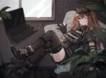  1girl bangs black_footwear black_gloves black_legwear black_shirt brown_eyes brown_hair closed_mouth commentary_request day full_body girls&#039;_frontline girls&#039;_frontline_2:_exilium gloves indoors knee_pads long_hair looking_at_viewer lying night_vision_device notebook one_eye_closed qiujiao shirt single_knee_pad smile solo thighhighs twintails ump9_(girls&#039;_frontline) 