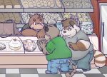  2012 anthro bakery bottomwear break_(disambiguation) brown_body cake canid canine clothing dessert fatyogi felid food group humanoid_hands jakegr_(character) male mammal overweight overweight_male pants raccoon_dog ruick shirt suid suina sus_(pig) tanuki topwear wild_boar 