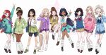  6+girls adapted_costume aladdin_(movie) alternate_costume alternate_universe animal_print animification ariel_(disney) aurora_(disney) barbell_piercing bare_shoulders barefoot beauty_and_the_beast belle_(disney) bike_shorts bimbofication black_hair blonde_hair blue_cardigan blue_eyes book bow bowtie breasts brown_eyes brown_hair cardigan cardigan_around_waist cellphone cellphone_charm charm_(object) choker cinderella cinderella_(disney) cleavage clothes_around_waist commentary company_connection contemporary crossover dark-skinned_female dark_skin disney disney_princess ear_piercing earrings fa_mulan_(disney) fake_nails fingernails flower front-tie_top full_body ganguro green_eyes gyaru gyaru_v hair_bun hair_ornament hairclip highres industrial_piercing jasmine_(disney) jewelry kogal leg_warmers leopard_print lipstick_mark lipstick_mark_on_leg long_fingernails long_hair looking_at_viewer loose_bowtie loose_necktie loose_socks makeup medium_hair midriff miniskirt mulan_(movie) multiple_crossover multiple_girls nail_polish navel necktie ompf one_eye_closed open_collar phone piercing pink_nails pink_sweater pleated_skirt ponytail rapunzel_(disney) red_hair school_uniform scrunchie shell shirt short_hair simple_background skirt sleeping_beauty smartphone smile snow_white_(disney) snow_white_and_the_seven_dwarfs socks sweater sweater_around_waist tangled the_little_mermaid_(disney) the_princess_and_the_frog thighs tiana_(the_princess_and_the_frog) tongue tongue_out v v_over_mouth very_long_hair vest white_background wrist_scrunchie 