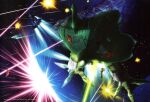  absurdres artist_request asteroid battle bazooka_(gundam) big_zam energy_beam explosion glowing gundam gundam_perfect_file highres holding holding_weapon machinery mecha mecha_focus mobile_armor mobile_suit mobile_suit_gundam no_humans official_art one-eyed realistic rick_dom robot science_fiction space talons weapon zaku_ii zeon zero_gravity 