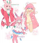  3girls audino bangs blonde_hair blue_eyes blunt_bangs blush bright_pupils character_name ciosuii closed_mouth eyebrows_visible_through_hair heart heart-shaped_pupils highres long_hair looking_at_viewer looking_down lurantis multicolored_hair multiple_girls open_mouth parted_lips personification pink_eyes pink_hair pink_legwear pokemon short_hair shorts smile sylveon symbol-shaped_pupils teeth thighhighs upper_teeth white_pupils 