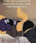 absurd_res anthro asphyxiation bird_dog boxers_(clothing) butt canid canine canis cerberussenn clothing cuddling dialogue domestic_dog duo english_text fur golden_retriever hendery_sabine_(cerberussenn) hi_res holland_mcintyre_(cerberussenn) hoodie hug hunting_dog jersey male male/male mammal procyonid raccoon raised_tail retriever sagging signature size_difference tail text tiktok topwear tremble_spikes underwear yellow_body yellow_fur