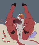 anal_beads anthro anus balls bed big_balls big_penis claws dildo dinosaur fossil_pokemon furniture generation_6_pokemon genitals hair hi_res legs_up male muscular muscular_anthro muscular_male nintendo penis pokemon pokemon_(species) prehistoric_species remochi reptile scalie sex_toy solo tail tyrantrum