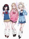  3girls adapted_costume alternate_costume alternate_universe animification aurora_(disney) bimbofication black_hair blonde_hair blue_cardigan bow bowtie cardigan cellphone cellphone_charm charm_(object) cinderella cinderella_(disney) commentary contemporary disney fingernails full_body gyaru highres kogal leg_warmers long_fingernails long_hair looking_at_viewer medium_hair miniskirt multiple_girls ompf open_collar phone pink_sweater pleated_skirt school_uniform scrunchie skirt sleeping_beauty smartphone snow_white_(disney) snow_white_and_the_seven_dwarfs sweater vest wrist_scrunchie 