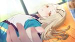  1girl absurdres blonde_hair blush bottle colored_eyelashes commentary fingernails foreshortening gakuen_idolmaster hair_spread_out highres idolmaster indoors jacket long_hair looking_at_viewer lying on_back on_floor orange_eyes reikakrzk shinosawa_hiro smile solo track_jacket upper_body wooden_floor 