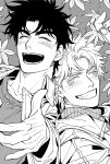  2boys arm_up battle_tendency blush caesar_anthonio_zeppeli collarbone collared_jacket commentary_request crew_neck curtained_hair facial_mark grey_background greyscale grin holding holding_leaf jacket jojo_no_kimyou_na_bouken joseph_joestar joseph_joestar_(young) korean_commentary leaf male_focus monochrome multiple_boys nowhere616 open_clothes open_jacket open_mouth shirt short_hair smile teeth turtleneck upper_body wing_collar 