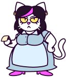  alpha_channel anthro apron big_breasts black_hair breasts catti_(deltarune) clothed clothing deltarune domestic_cat dress ear_piercing ear_ring felid feline felis female front_view frown fully_clothed fur hair hand_on_hip high_heels highlights_(coloring) holding_note_pad looking_at_viewer mammal notebook piercing pink_highlights simple_background skeluigi solo standing transparent_background undertale_(series) video_games waiter whiskers white_body white_fur yellow_sclera 
