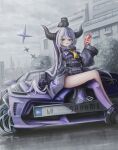  1girl absurdres animal_on_head bird bird_on_head black_jacket bugatti bugatti_divo can car coca-cola crossed_legs crow_(la+_darknesss) fang grey_hair ground_vehicle headlight highres holding holding_can hololive horns jacket la+_darknesss license_plate looking_to_the_side motor_vehicle multicolored_hair necktie on_head open_mouth purple_hair purple_legwear shiyo_tsubame single_leg_pantyhose sitting sleeves_past_fingers sleeves_past_wrists sports_car streaked_hair virtual_youtuber yellow_eyes yellow_necktie 