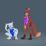 1:1 absurd_res anthro canid canine clothing displeased domestic_cat duo felid feline felis female fox fur hi_res ivangogh mammal medal medallion one-piece_swimsuit red_body red_fox red_fur simple_background smile smug smug_expression smug_face smug_grin sport_swimsuit swimming swimwear tail true_fox white_body white_fur