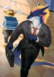  anthro assistant athletic blazer body_swap business business_suit clothing dragon flustered formal hair hi_res invalid_tag kobold male male/male mane mane_hair mythological_creature mythological_scalie mythology pandarita rain_dragon scalie suit teryx teryx_commodore 