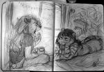  alyah_(uchoa) anthro bed bedroom coffee_mug duo felid female furniture hervy_(uchoa) lion mammal open_mouth pantherine plant sketch spikie_(artist) tiger window yawn 