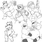  2015 anthro belly biped bottomwear canid canine canis clothing dessert domestic_dog doughnut duo eyewear fatyogi feeding food glasses haplorhine humanoid_hands male mammal monkey moobs multiple_poses nipples obese obese_male overweight overweight_male pose primate procyonid raccoon shirt shorts sitting solo topwear 